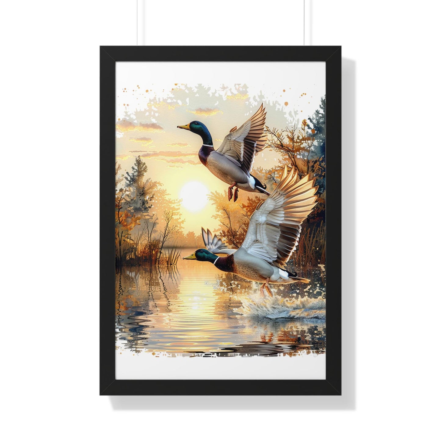 Mallard Ducks Flying Over Lake Framed Vertical Poster Perfect Gift for Hunters & Nature Lovers, Outdoor Decor, Duck Hunting Season