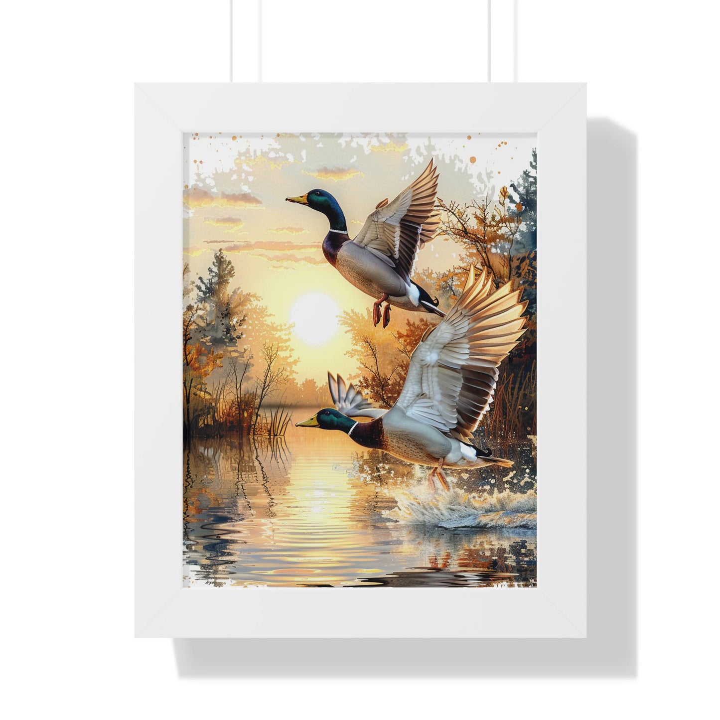 Mallard Ducks Flying Over Lake Framed Vertical Poster Perfect Gift for Hunters & Nature Lovers, Outdoor Decor, Duck Hunting Season