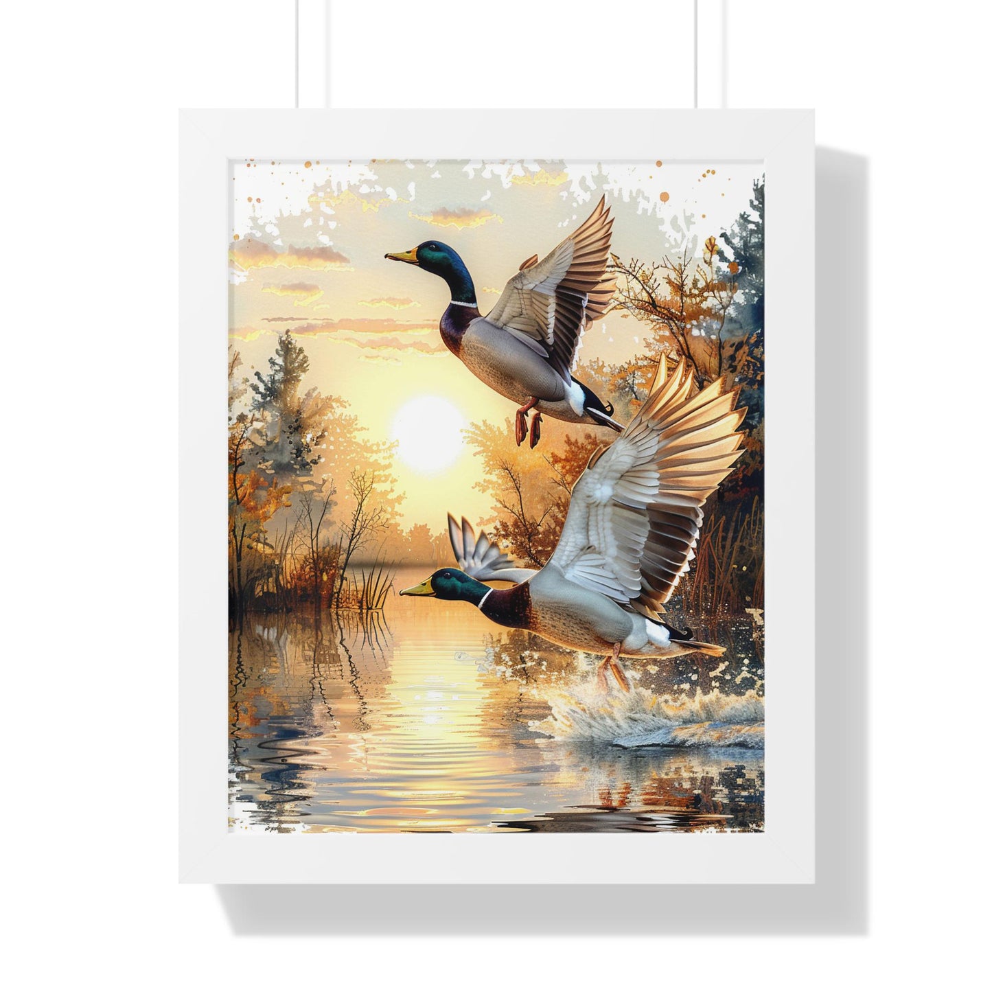 Mallard Ducks Flying Over Lake Framed Vertical Poster Perfect Gift for Hunters & Nature Lovers, Outdoor Decor, Duck Hunting Season