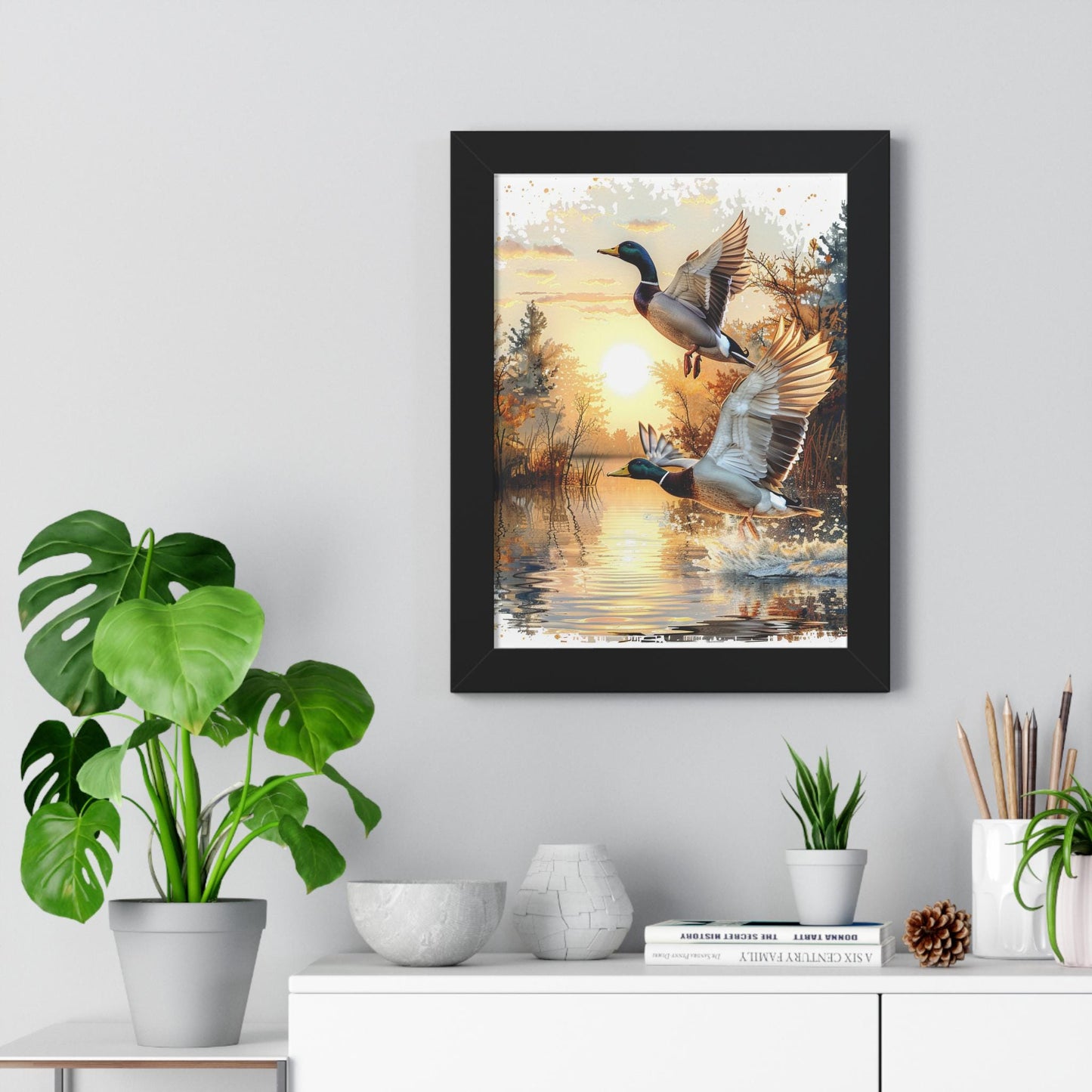 Mallard Ducks Flying Over Lake Framed Vertical Poster Perfect Gift for Hunters & Nature Lovers, Outdoor Decor, Duck Hunting Season
