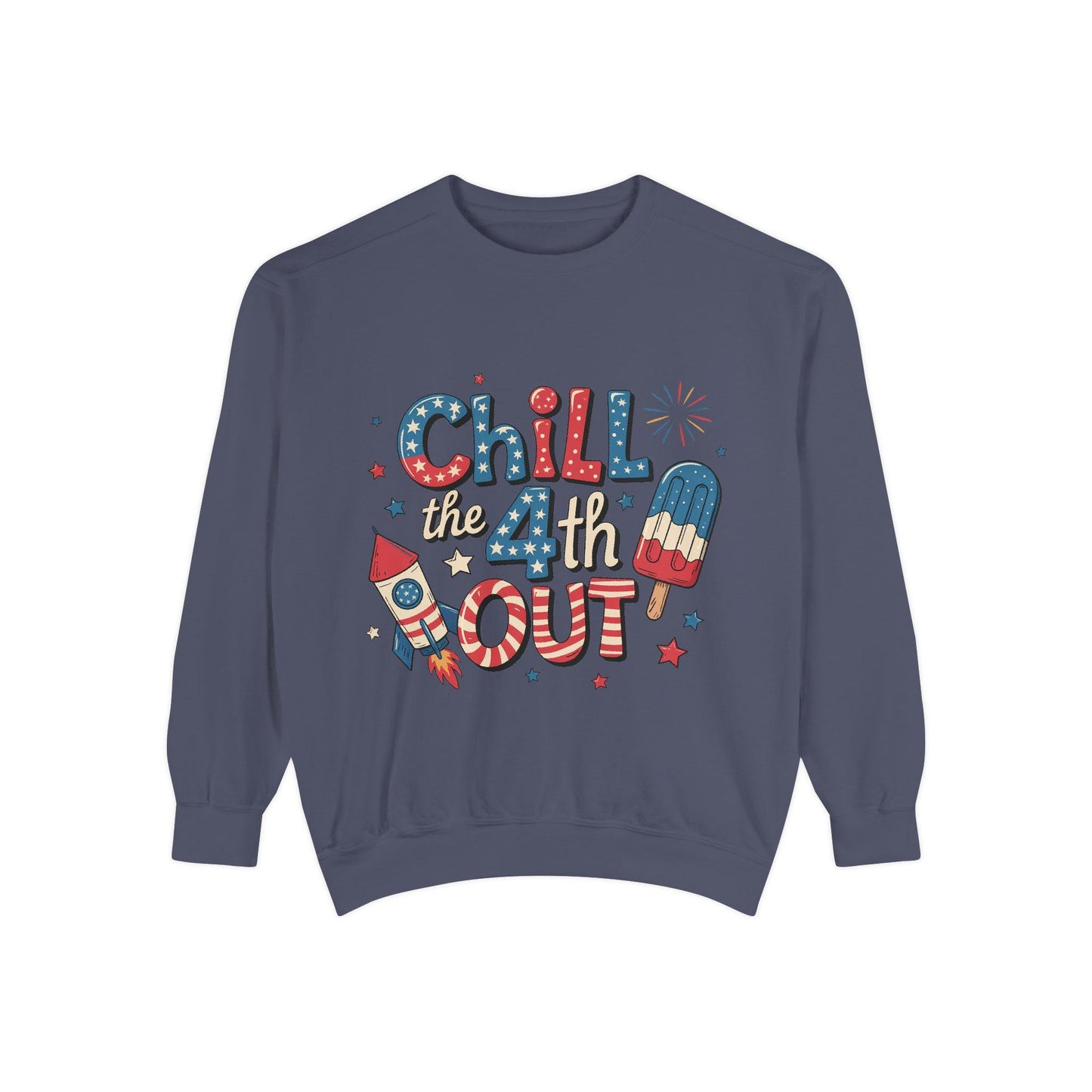 4th of July Unisex Garment-Dyed Sweatshirt Patriotic Independence Day Shirt for Men, Fireworks & Hotdogs Celebration Cozy Top