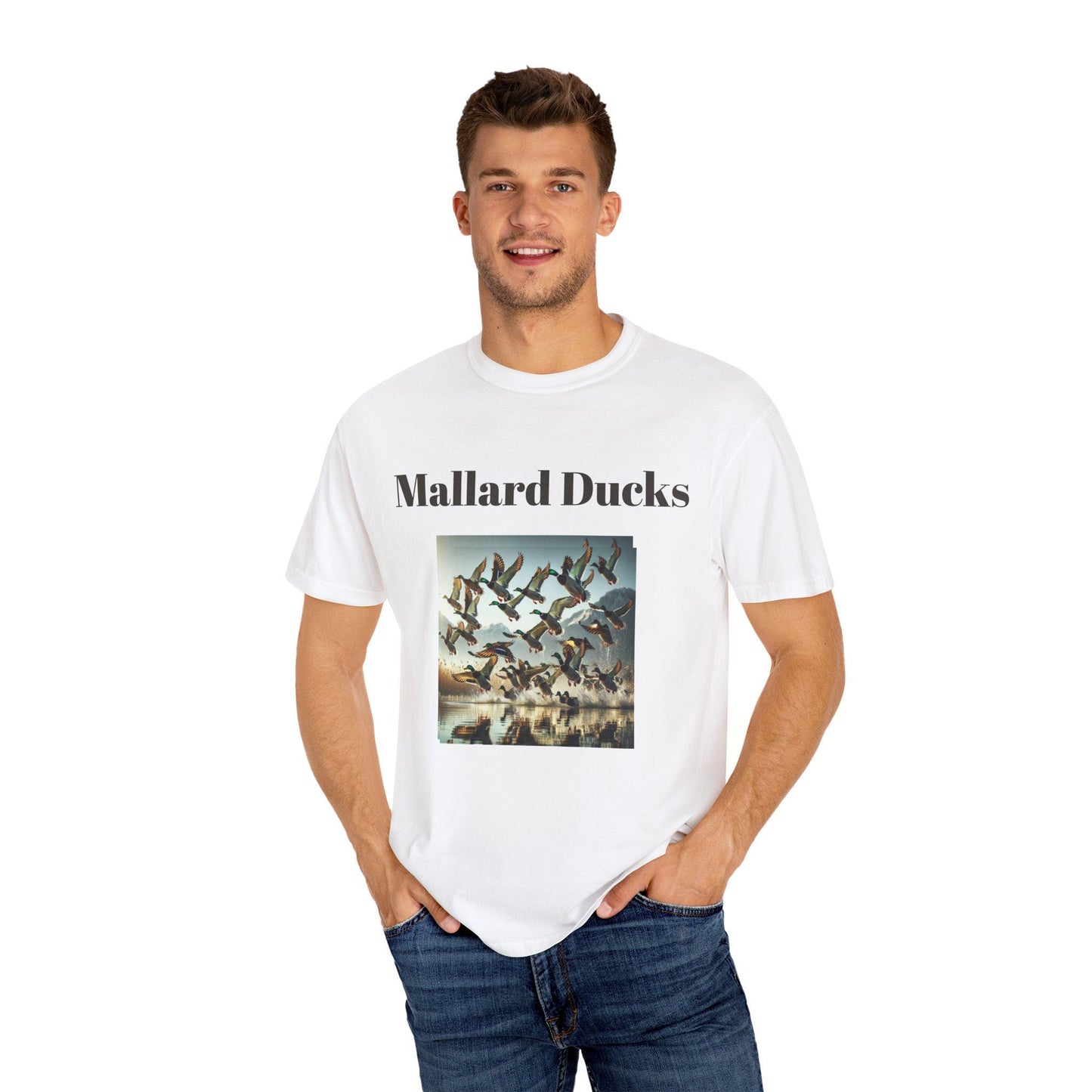 Mallard Ducks T-Shirt Unisex Nature Scene Tee with Ducks Landing on Lake Vintage Garment-Dyed Shirt