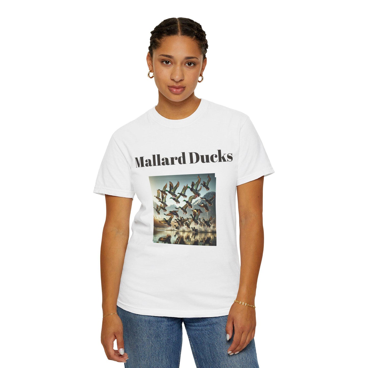 Mallard Ducks T-Shirt Unisex Nature Scene Tee with Ducks Landing on Lake Vintage Garment-Dyed Shirt