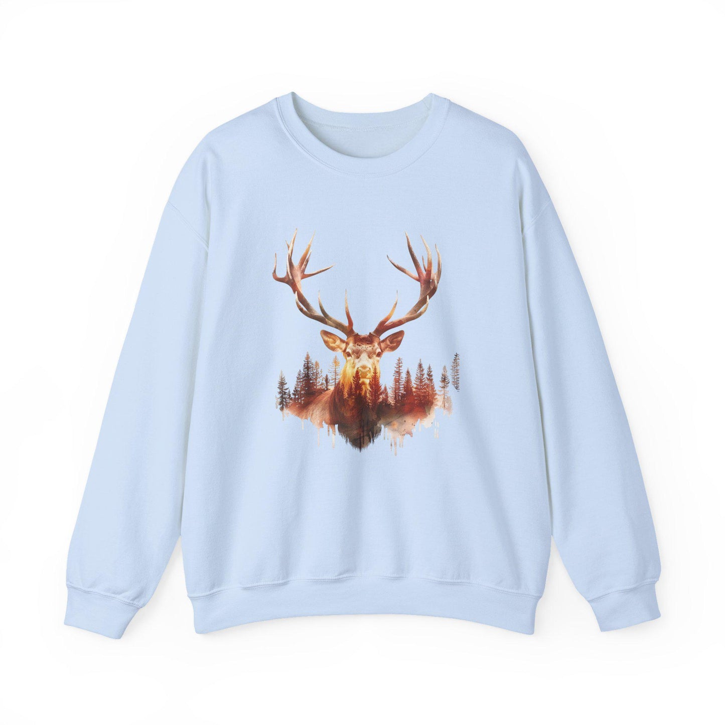Elk Head Sweatshirt with Large Antlers Forest Background, Gift for Hunters Nature Lovers, Unisex Heavy Blend Crewneck