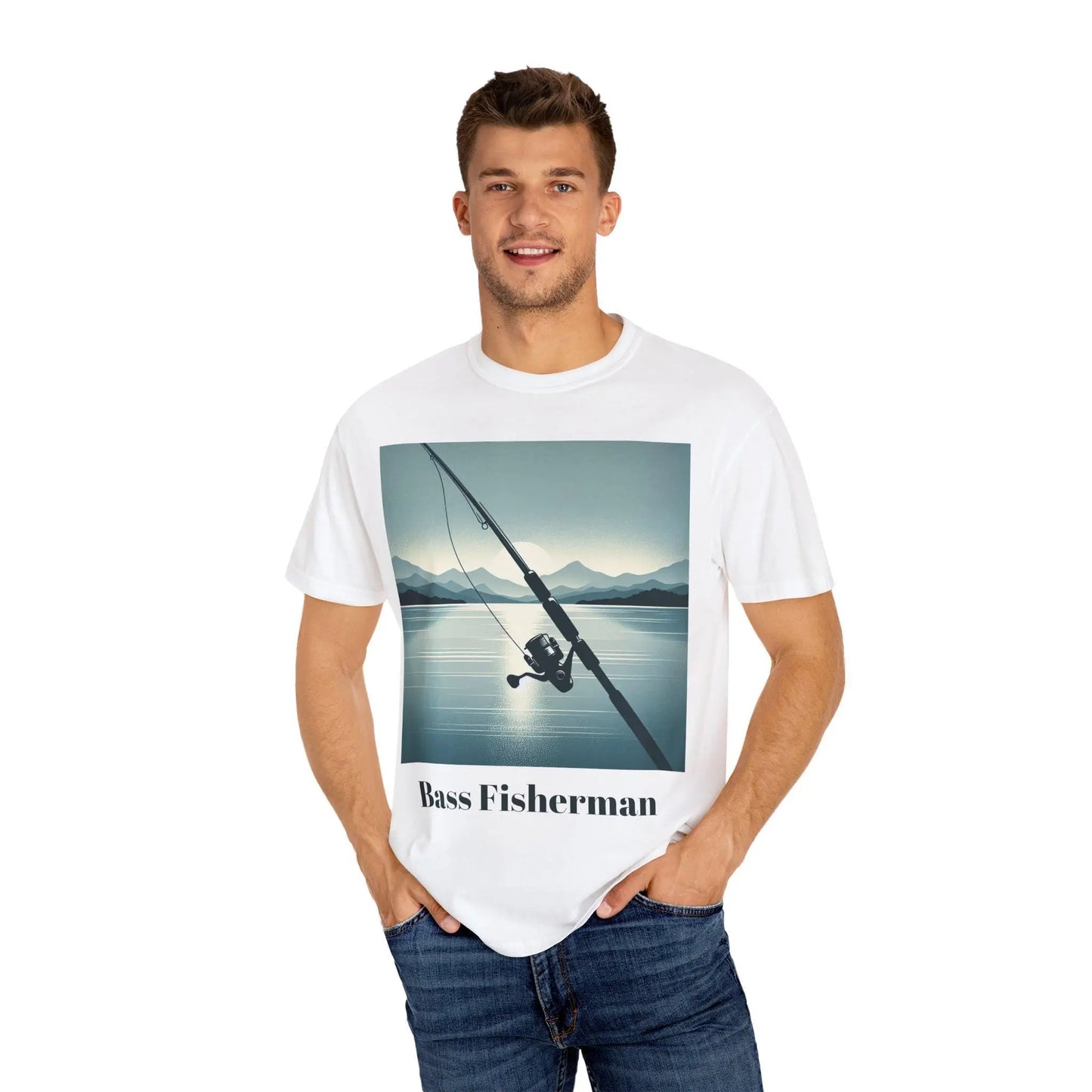 Bass Fisherman T-Shirt Unisex Garment-Dyed Fishing Tee with Rod & Beautiful Lake Scenery Outdoor Shirt - Toddcraft