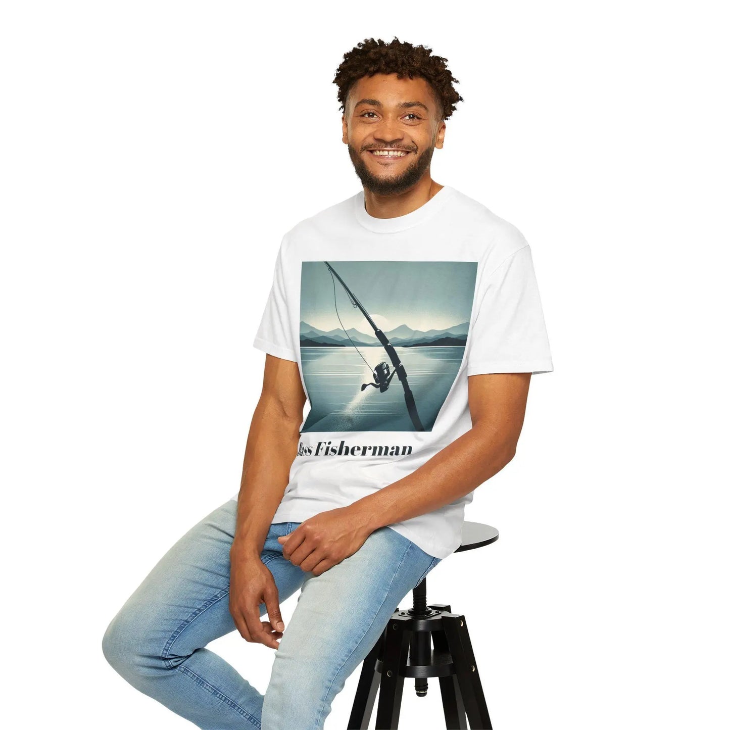 Bass Fisherman T-Shirt Unisex Garment-Dyed Fishing Tee with Rod & Beautiful Lake Scenery Outdoor Shirt - Toddcraft