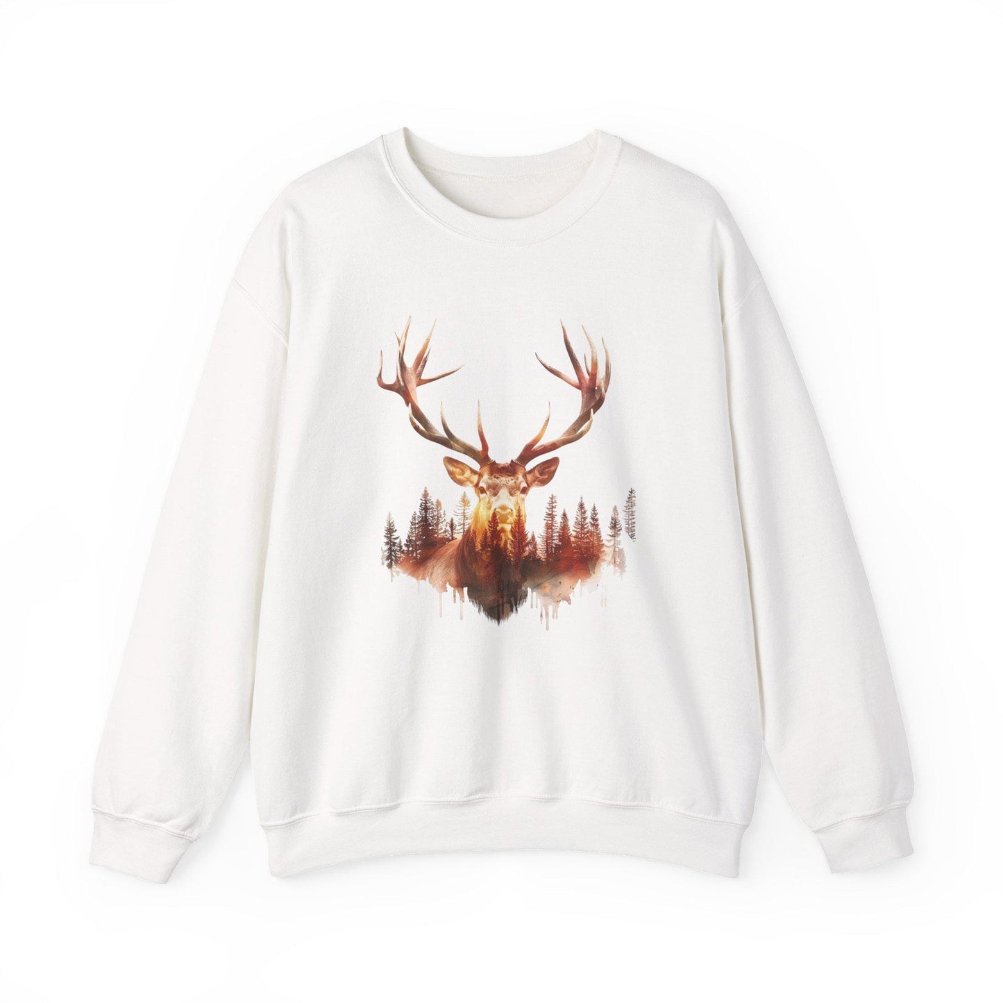 Elk Head Sweatshirt with Large Antlers Forest Background, Gift for Hunters Nature Lovers, Unisex Heavy Blend Crewneck