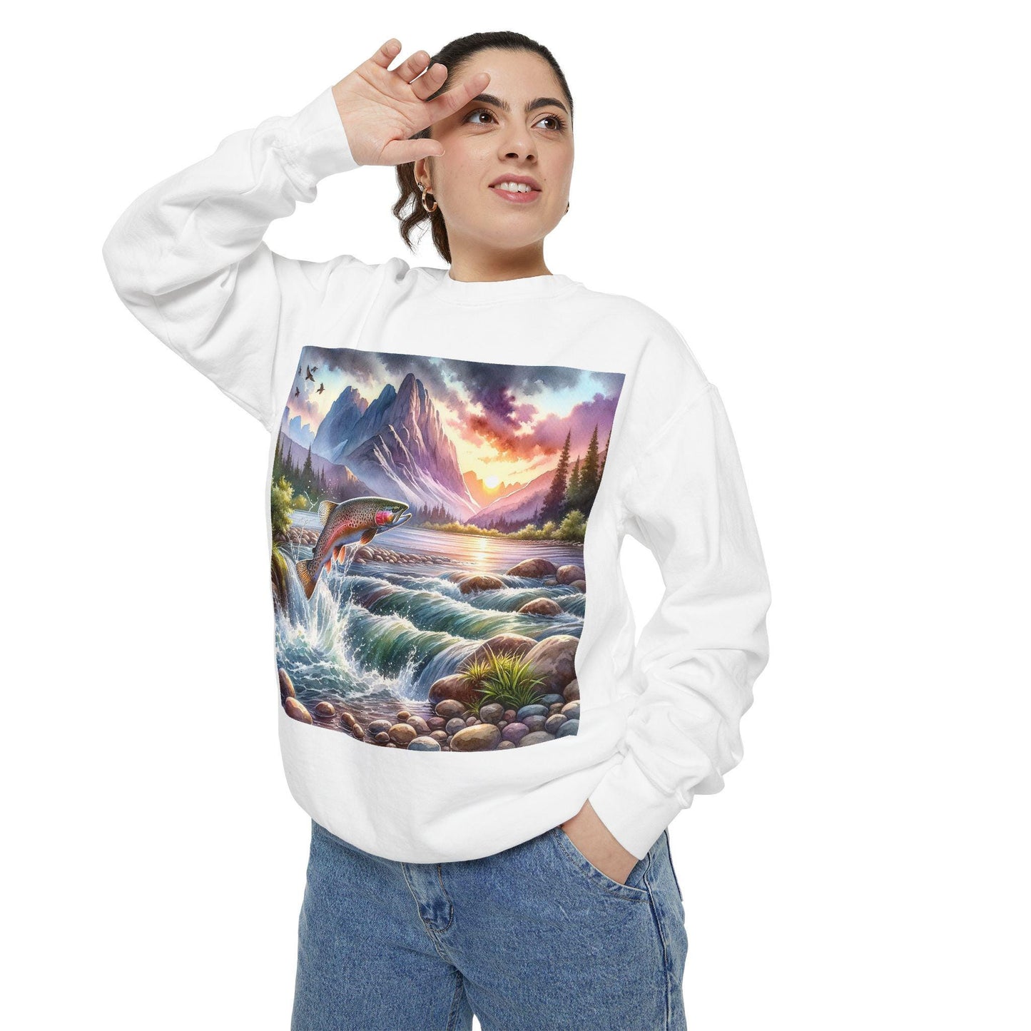 Nature-Inspired Garment-Dyed Sweatshirt, Cozy Outdoor Hoodie, Fishing Gift, Adventure Gear, Landscape Apparel, Unisex Sweatshirt