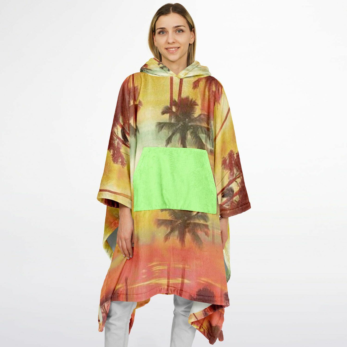 Flannel Blanket Poncho with Tropical Graphic AOP, Cozy Lightweight Throw for Chilly Evenings & Outdoor Use