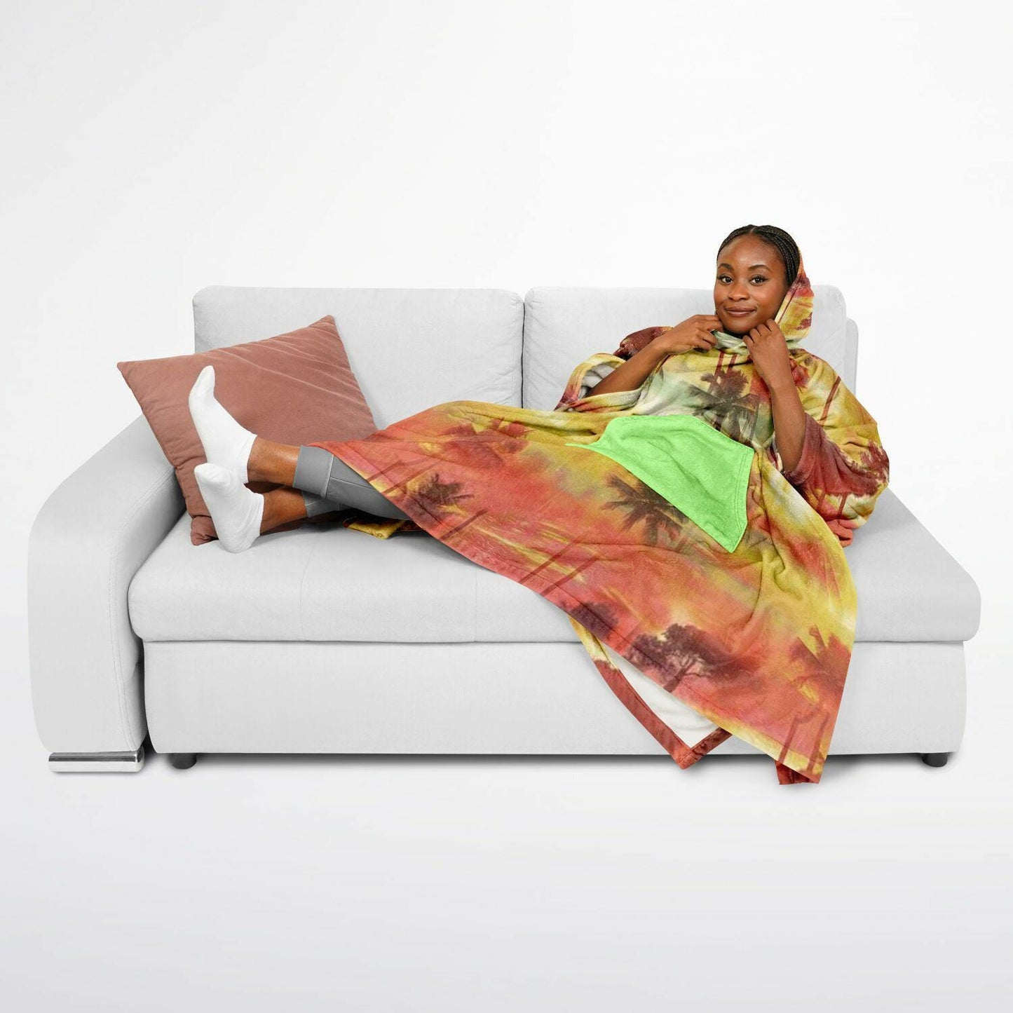 Flannel Blanket Poncho with Tropical Graphic AOP, Cozy Lightweight Throw for Chilly Evenings & Outdoor Use