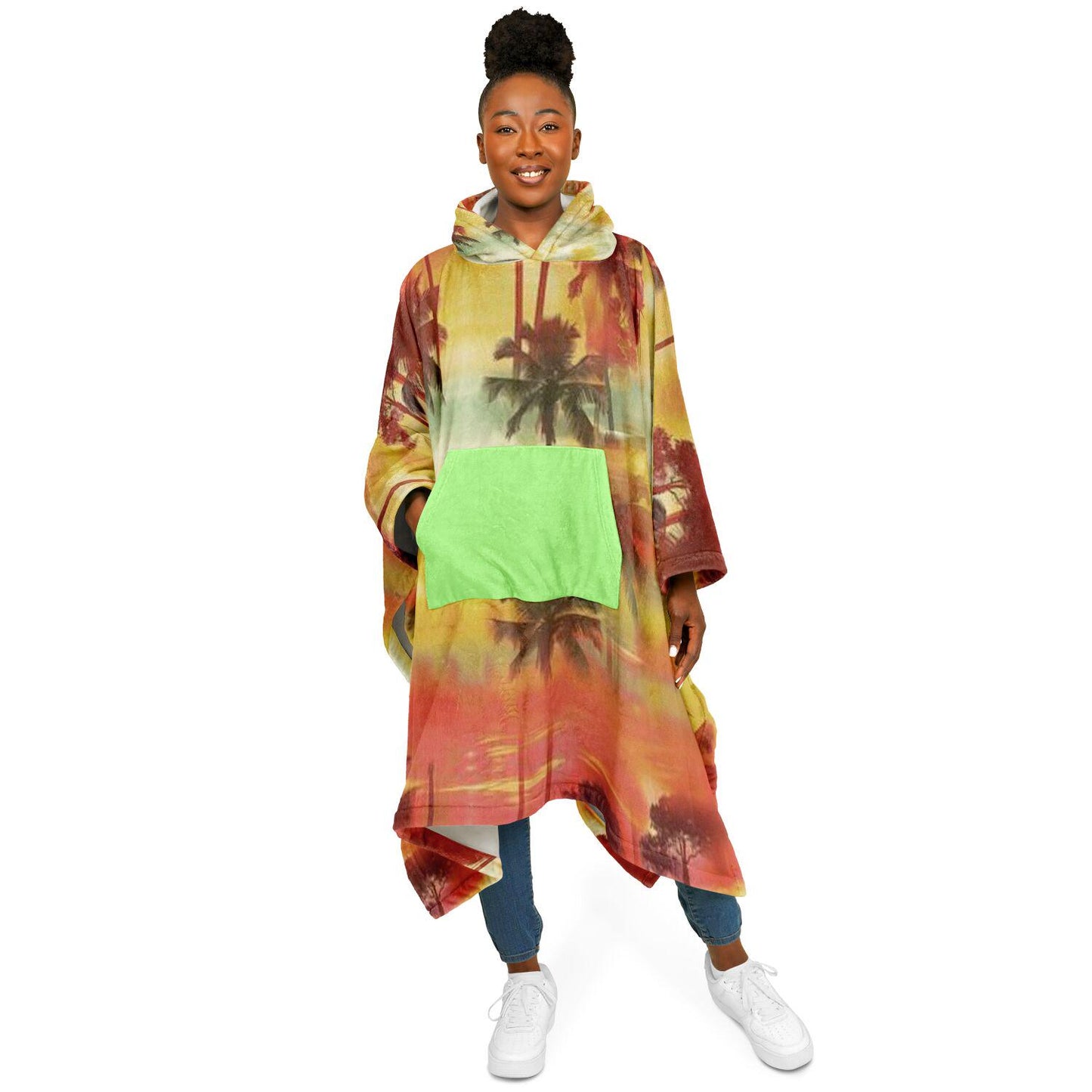 Flannel Blanket Poncho with Tropical Graphic AOP, Cozy Lightweight Throw for Chilly Evenings & Outdoor Use