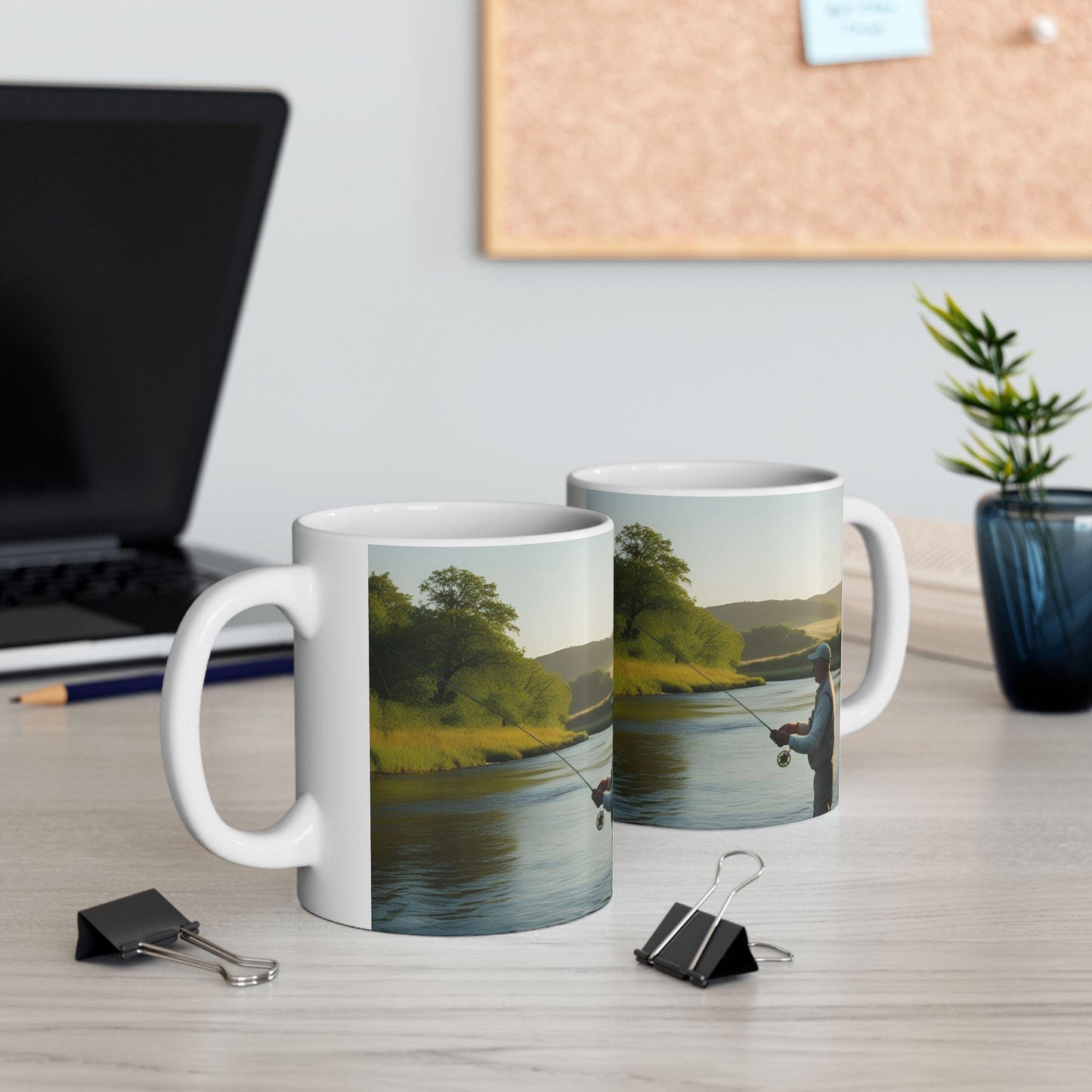 Fishing Scene Ceramic Mug - Gift for Anglers, Dad, Grandpa & Nature Lovers - Coffee Cup for Fishing Group, Christmas Present