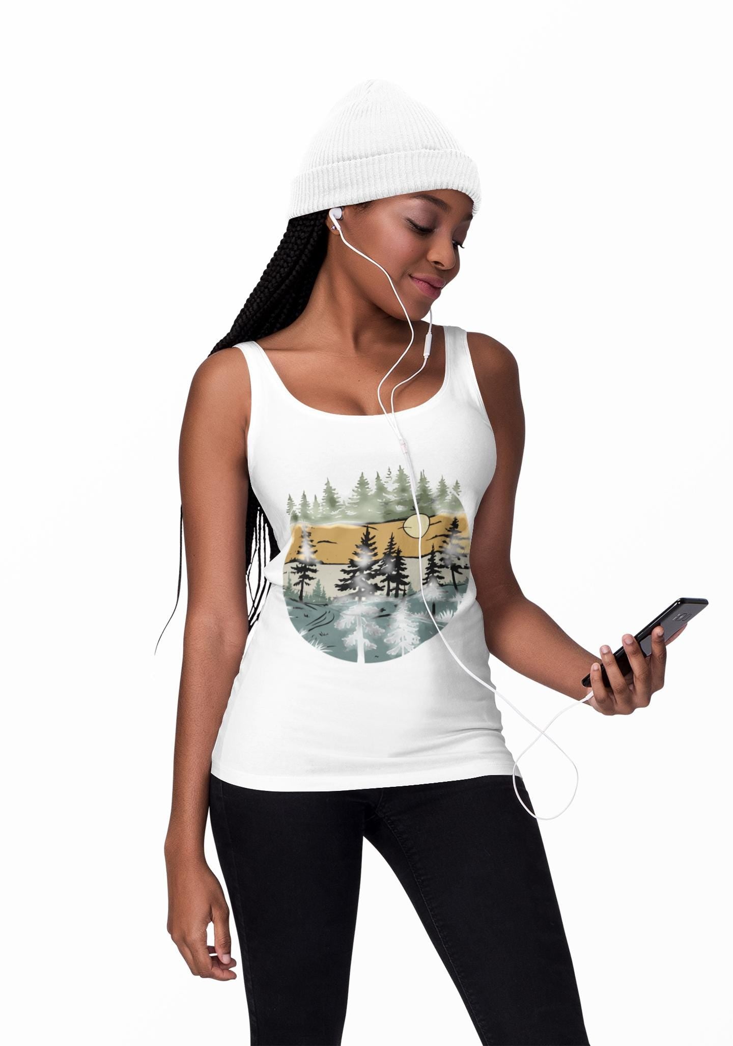 Vintage Retro Forest Trees Unisex Jersey Tank Top, Nature Outdoors Womens Sleeveless Shirt, Casual Summer Graphic Tee