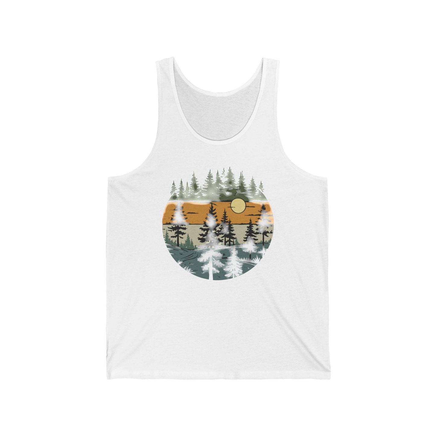 Vintage Retro Forest Trees Unisex Jersey Tank Top, Nature Outdoors Womens Sleeveless Shirt, Casual Summer Graphic Tee