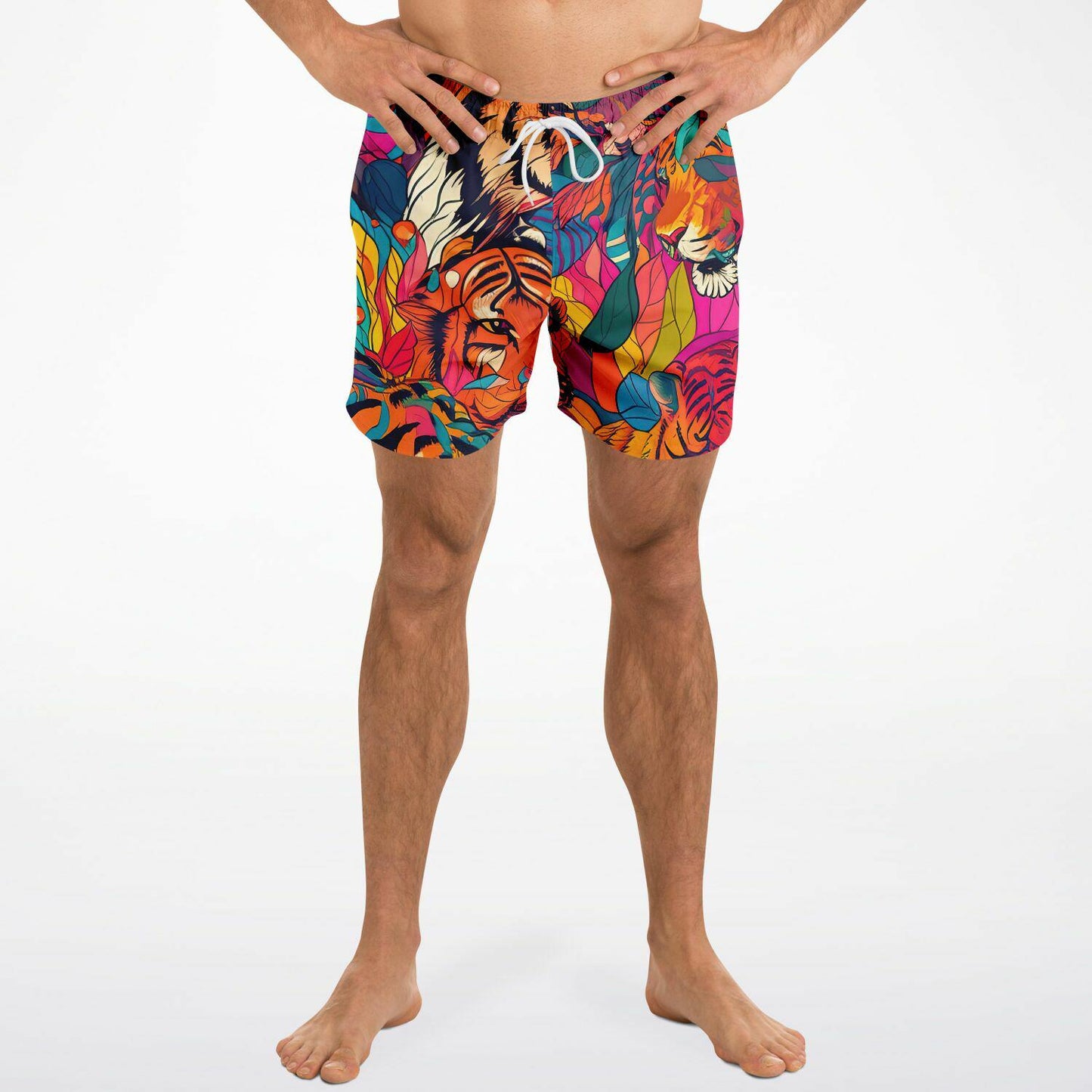 Tiger Print Swim Trunks Men Bright Colored All-Over Print Beach Shorts Quick Dry Summer Swimwear