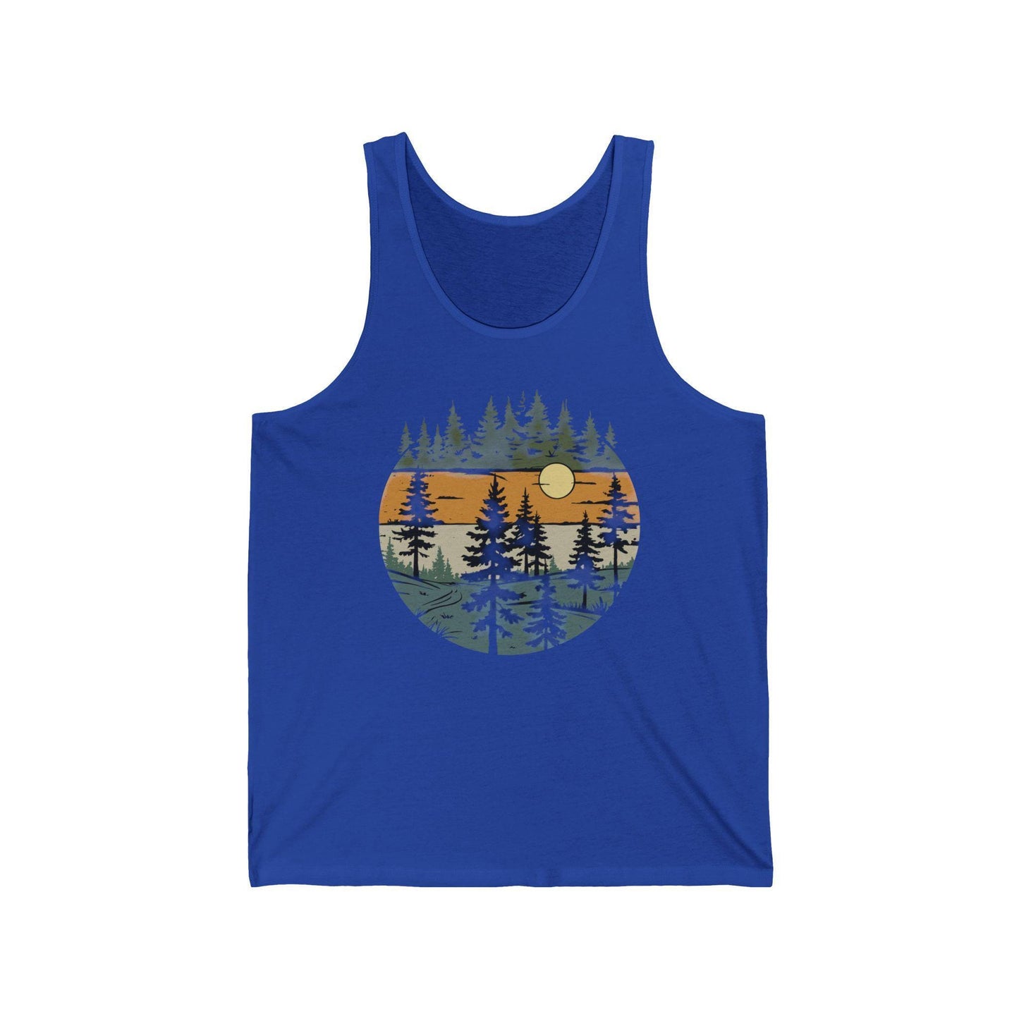Vintage Retro Forest Trees Unisex Jersey Tank Top, Nature Outdoors Womens Sleeveless Shirt, Casual Summer Graphic Tee