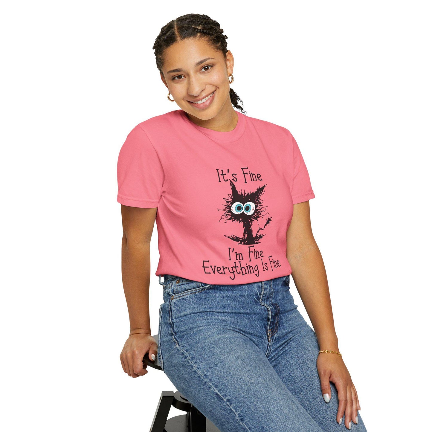 Funny Scared Cat T-Shirt I'm Fine Everything Is Fine Coffee Cup Graphic Unisex Garment-Dyed Tee 11oz & 15oz Gift - Toddcraft