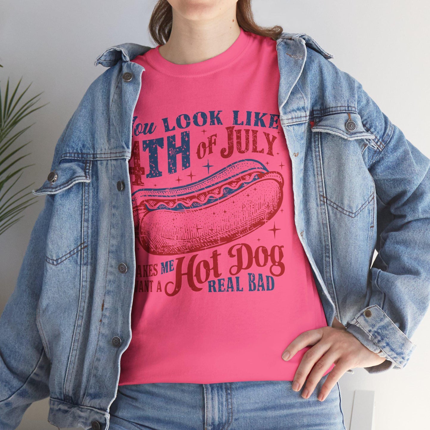 4th of July Tee Unisex Heavy Cotton T-Shirt You Look Like 4th of July Makes Me Want to Eat a Hotdog Graphic Tee