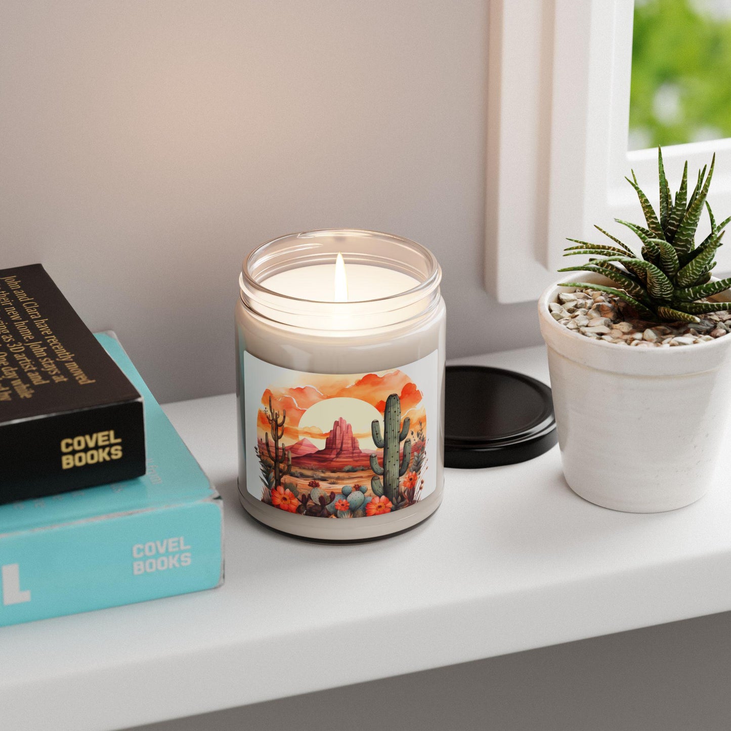 Scented Soy Candle 9oz - Flowery Desert Landscape & Blooming Cactus Aroma, Natural Handmade Home Decor Gift