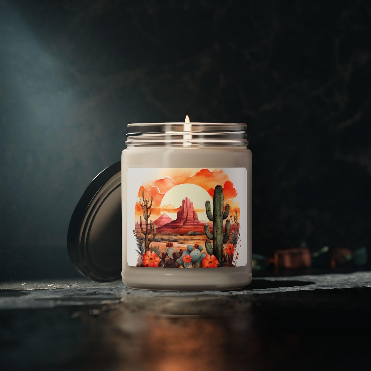 Scented Soy Candle 9oz - Flowery Desert Landscape & Blooming Cactus Aroma, Natural Handmade Home Decor Gift