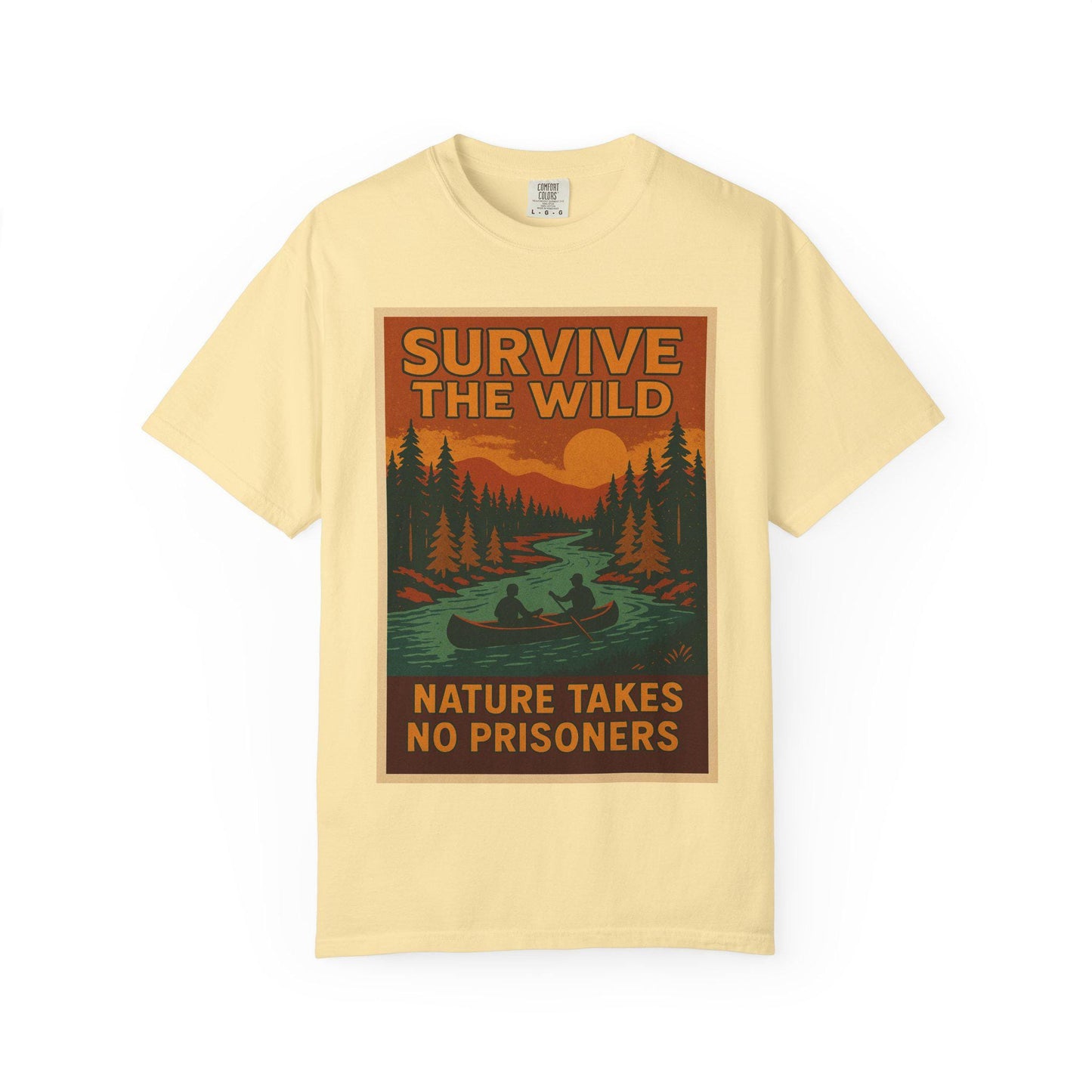 Survive the Wild Nature Graphic Tee Outdoor Lovers Canoeing Shirt, Unisex Garment-Dyed T-Shirt for Adventure & Wilderness Fans