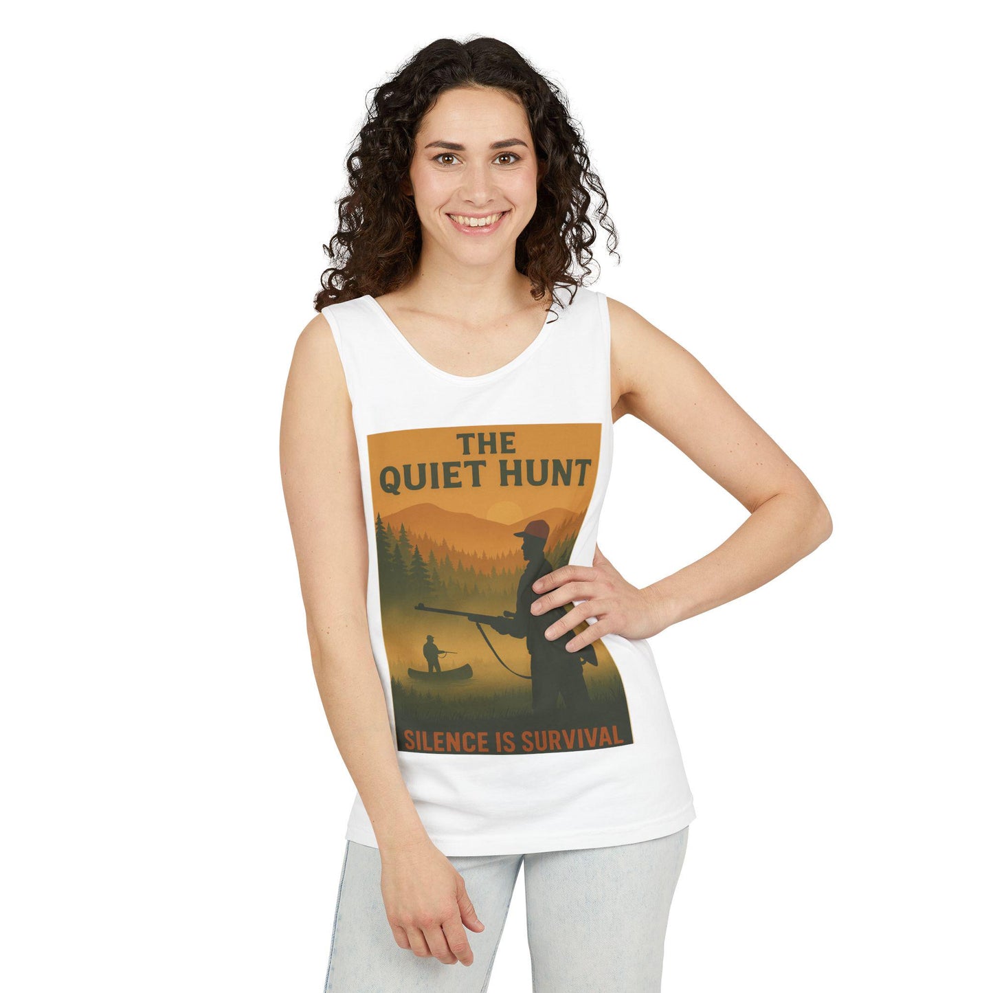 Quiet Hunt Mens Graphic Tee Unisex War Time Tank Top, Garment-Dyed, Casual Military Style Shirt