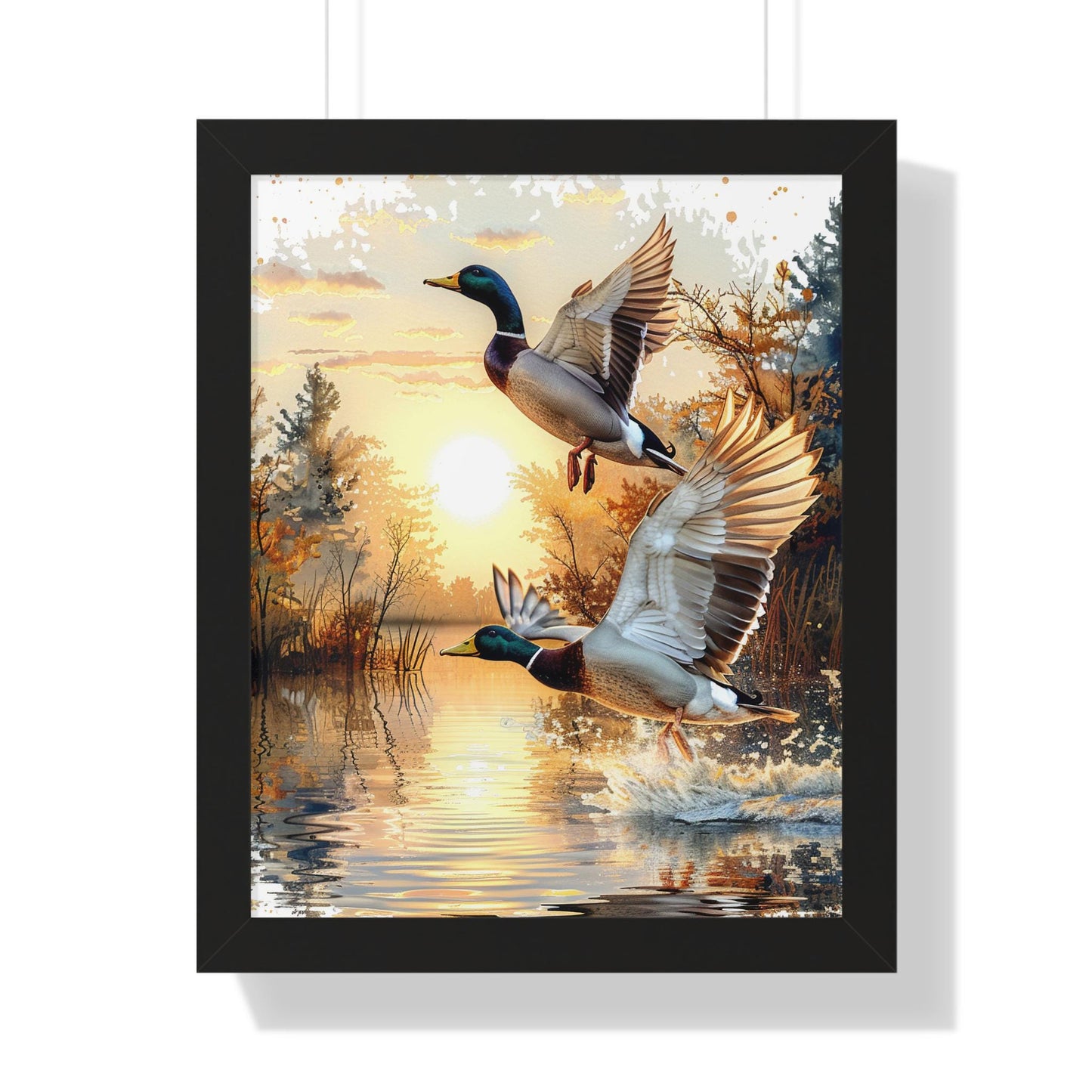 Mallard Ducks Flying Over Lake Framed Vertical Poster Perfect Gift for Hunters & Nature Lovers, Outdoor Decor, Duck Hunting Season
