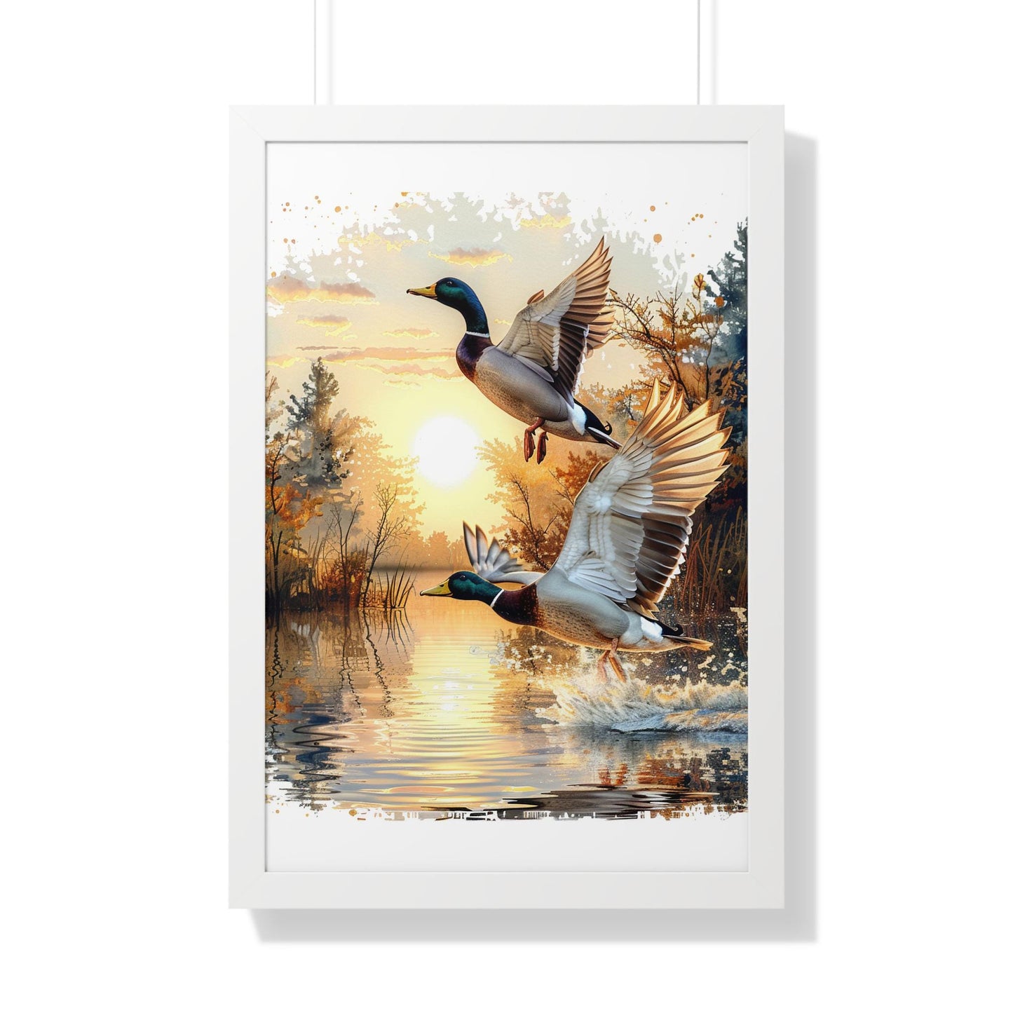 Mallard Ducks Flying Over Lake Framed Vertical Poster Perfect Gift for Hunters & Nature Lovers, Outdoor Decor, Duck Hunting Season