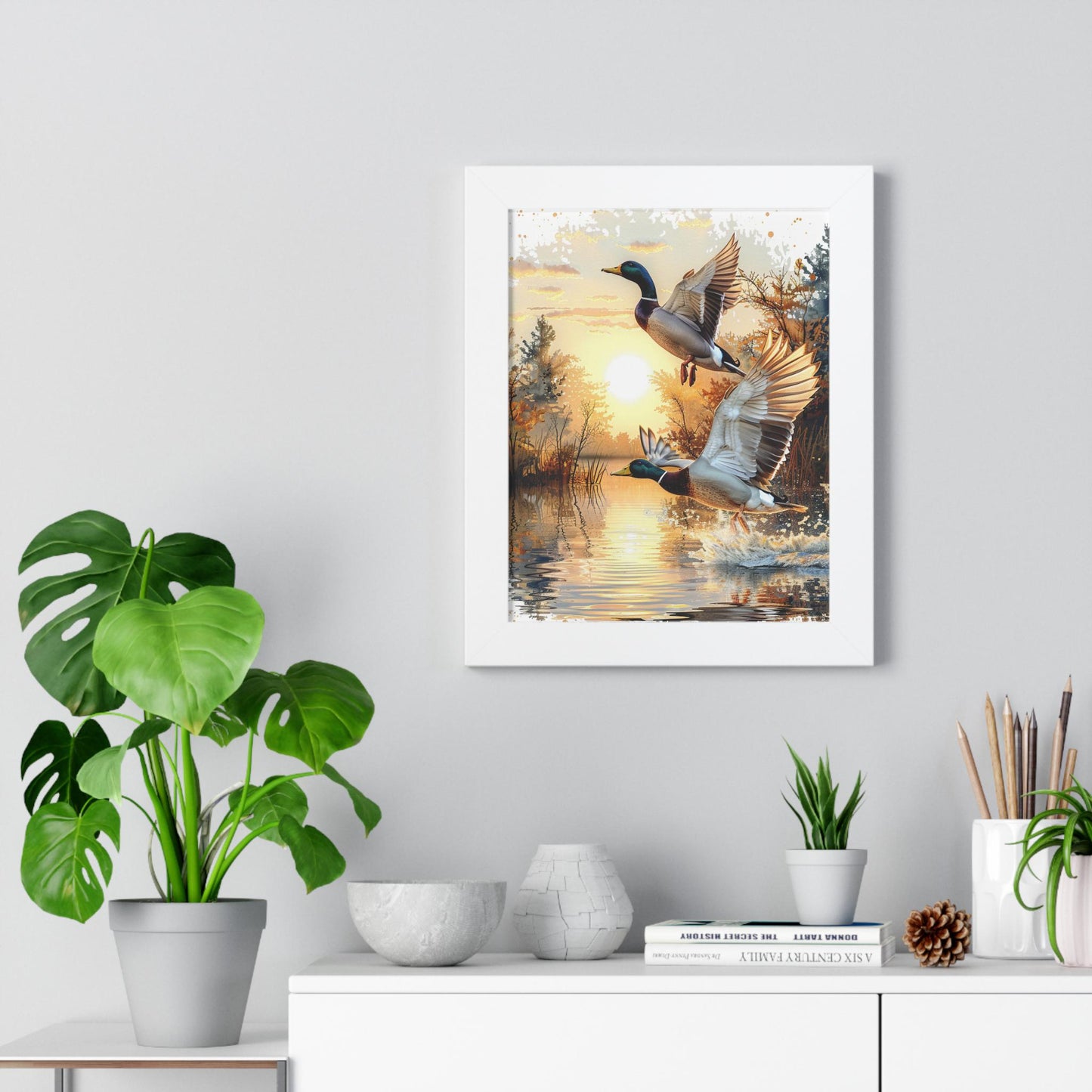 Mallard Ducks Flying Over Lake Framed Vertical Poster Perfect Gift for Hunters & Nature Lovers, Outdoor Decor, Duck Hunting Season