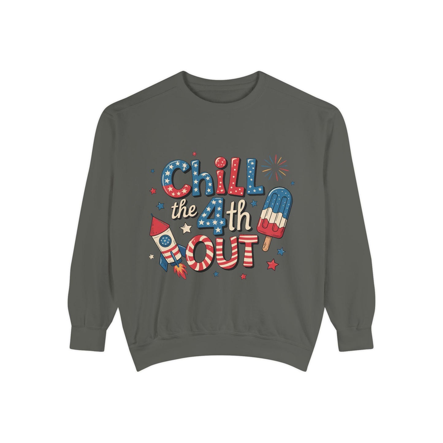 4th of July Unisex Garment-Dyed Sweatshirt Patriotic Independence Day Shirt for Men, Fireworks & Hotdogs Celebration Cozy Top