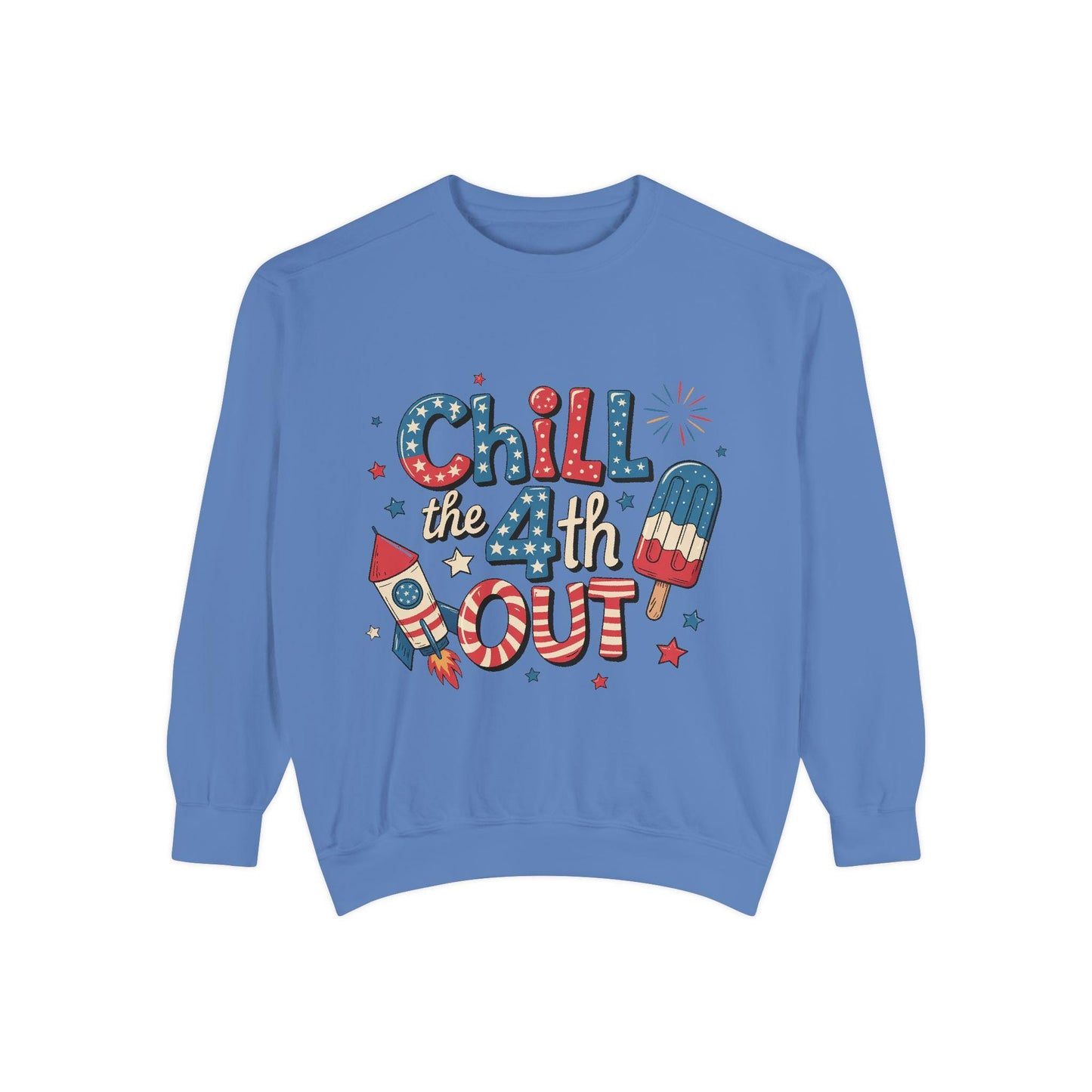 4th of July Unisex Garment-Dyed Sweatshirt Patriotic Independence Day Shirt for Men, Fireworks & Hotdogs Celebration Cozy Top