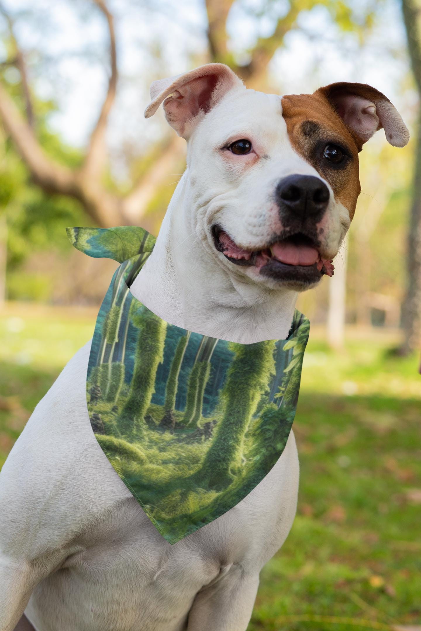 Clip-on Pet Bandana with Forest Trees Design Adjustable Dog Scarf, Eco-Friendly Outdoor Style, Lightweight & Durable Accessory.