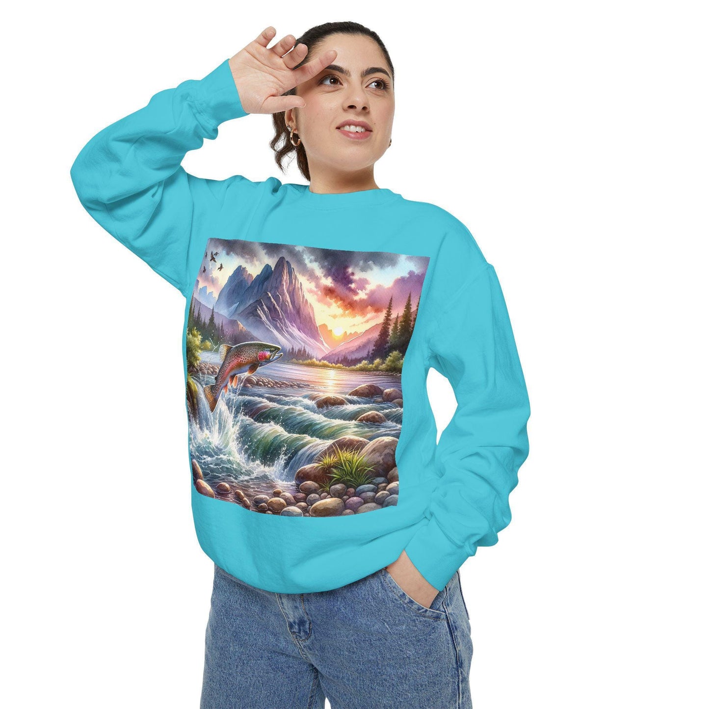 Nature-Inspired Garment-Dyed Sweatshirt, Cozy Outdoor Hoodie, Fishing Gift, Adventure Gear, Landscape Apparel, Unisex Sweatshirt