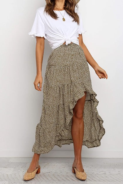 Boho Floral Print Midi Skirt Casual Side Slit Skirt - Toddcraft