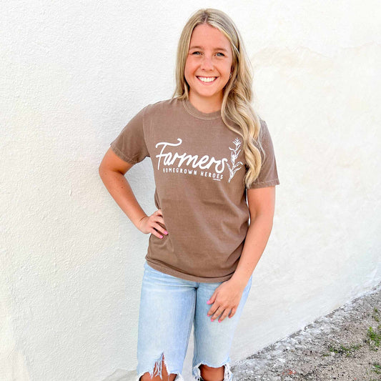 HOMEGROWN HEROES graphic tee in espresso color, unisex relaxed fit, crew neck, 100% cotton.