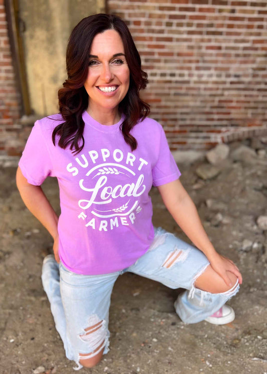 Neon violet "SUPPORT LOCAL FARMERS" graphic tee, unisex fit, 100% cotton.