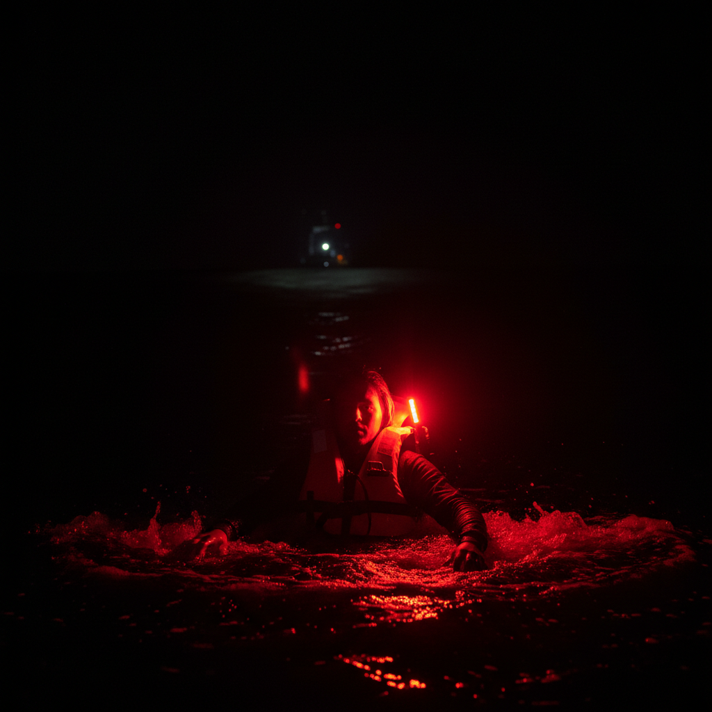 Person in ocean at night with LED emergency light