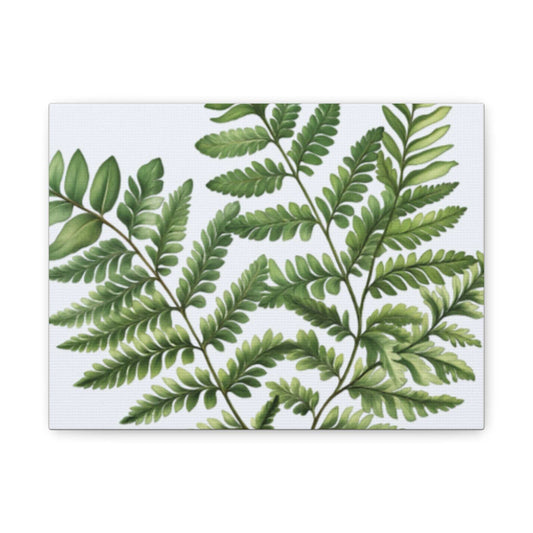 Matte canvas with green fern artwork, stretched on a 1.25" pine wood frame, back hanging included.