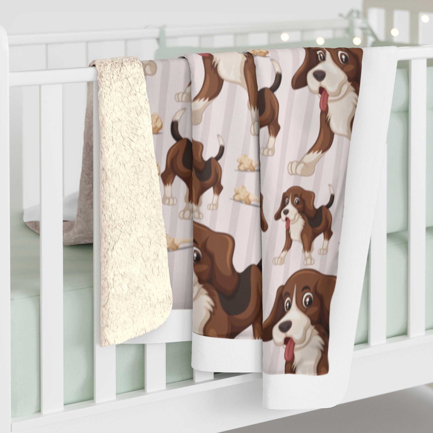 Sherpa fleece blanket with dog print, velvety plush backside, perfect for snuggling.