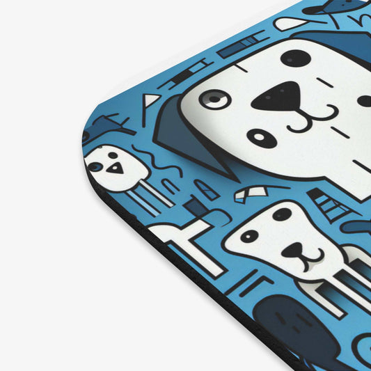 Mouse pad rectangle with dog print on a stain-resistant cloth top and rubber base.