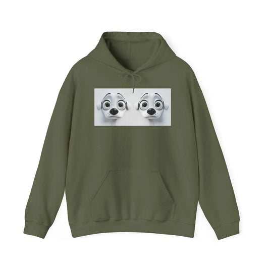 Sarcastic Dog Face 3D Hoodie in olive green with kangaroo pocket and matching drawstring.