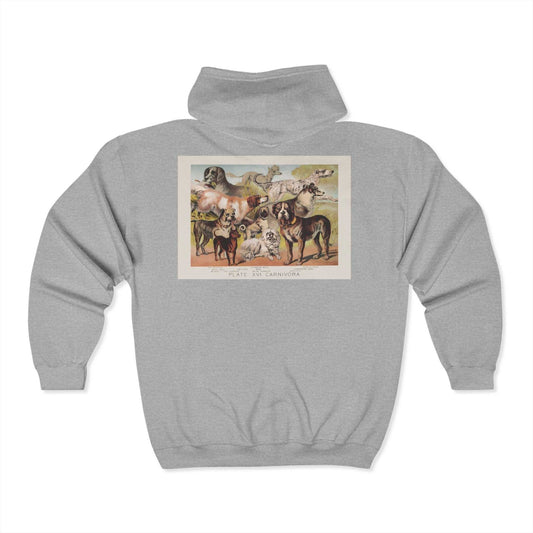 Artistic animal print hoodie, cozy unisex zip sweatshirt, unique fashion statement.