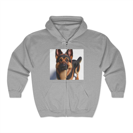 Unisex Heavy Blend™ full zip hooded sweatshirt in gray featuring a German Shepherd graphic on the front, made of soft fleece for comfort.