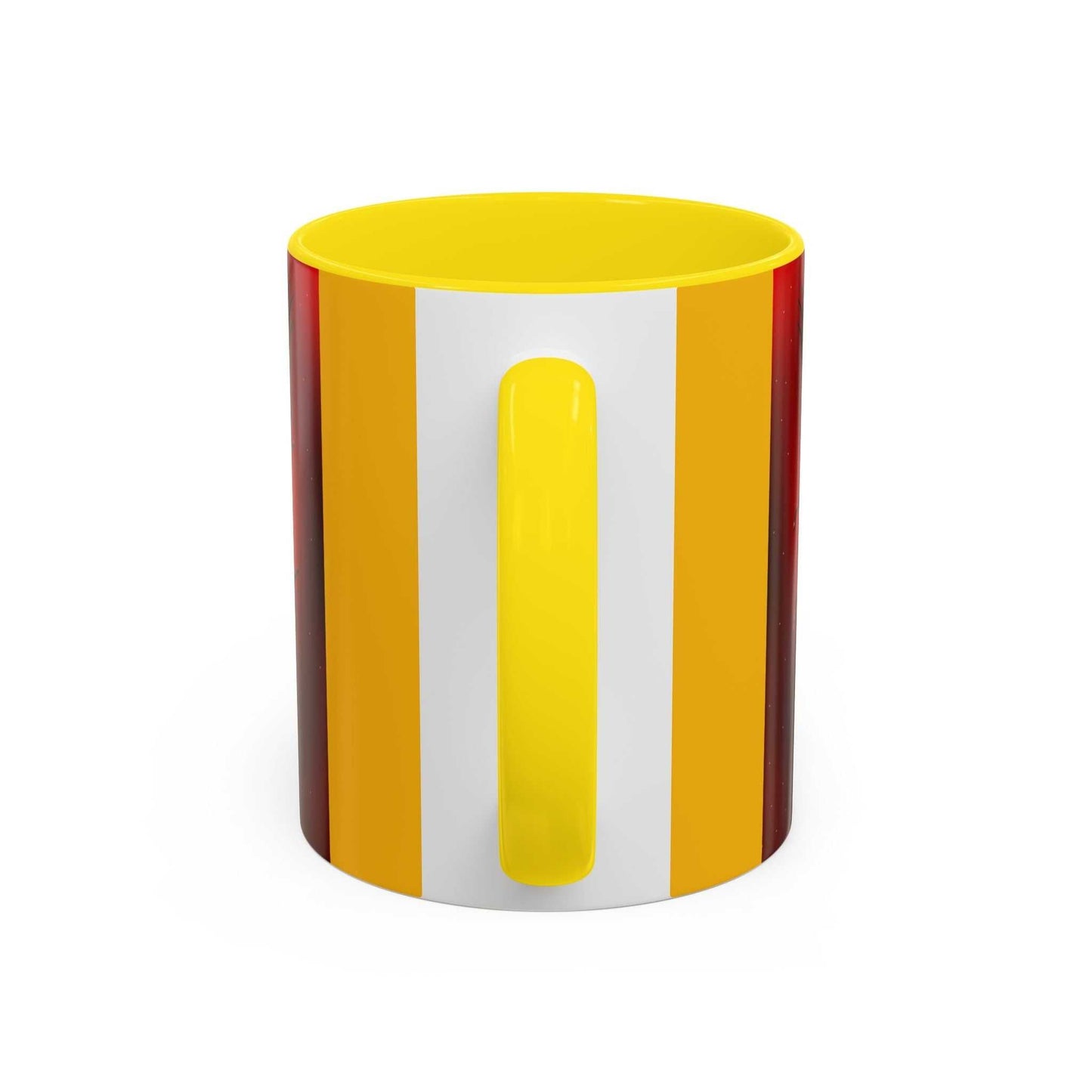 Accent coffee mug with yellow interior and handle, available in 11oz and 15oz, featuring glossy finish and stylish color contrast.
