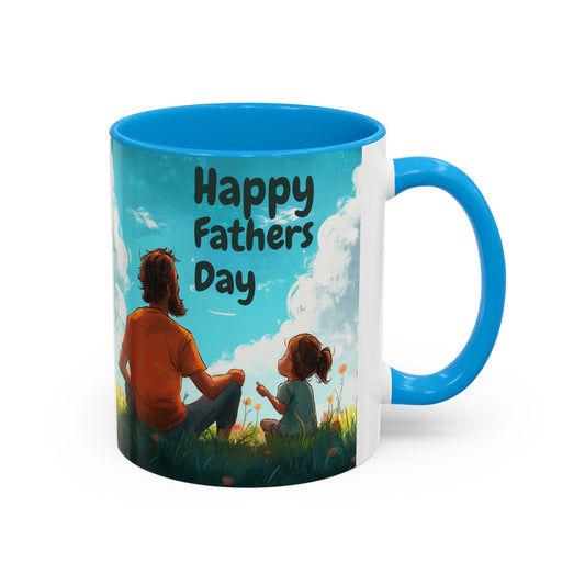 Colorful mug with Father's Day artwork, blue handle, and interior, glossy ceramic, 11oz or 15oz.