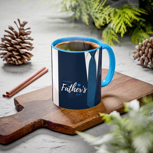 Colorful ceramic mug with glossy finish, blue handle, Father's Day design; available in 11oz or 15oz sizes.