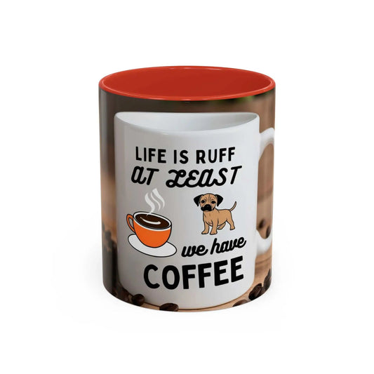 Cute dog design coffee mug with "Life is Ruff" text, white ceramic with colored interior, perfect for pet lovers.