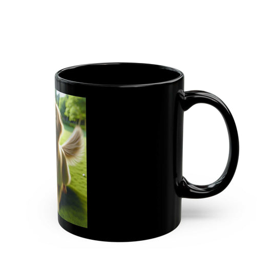 Black ceramic mug, available in 11oz and 15oz sizes, with a glossy finish and customizable design.