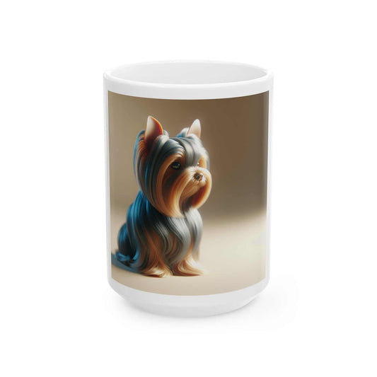 Ceramic mug with a Yorkshire Terrier design, available in 11oz and 15oz sizes, BPA and lead-free.