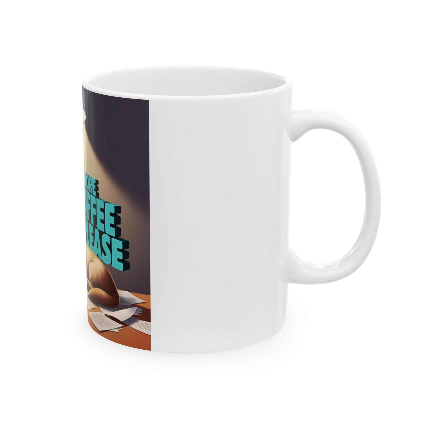 Cute Dog Coffee Mug featuring "More Coffee Please" text, perfect gift for dog lovers.